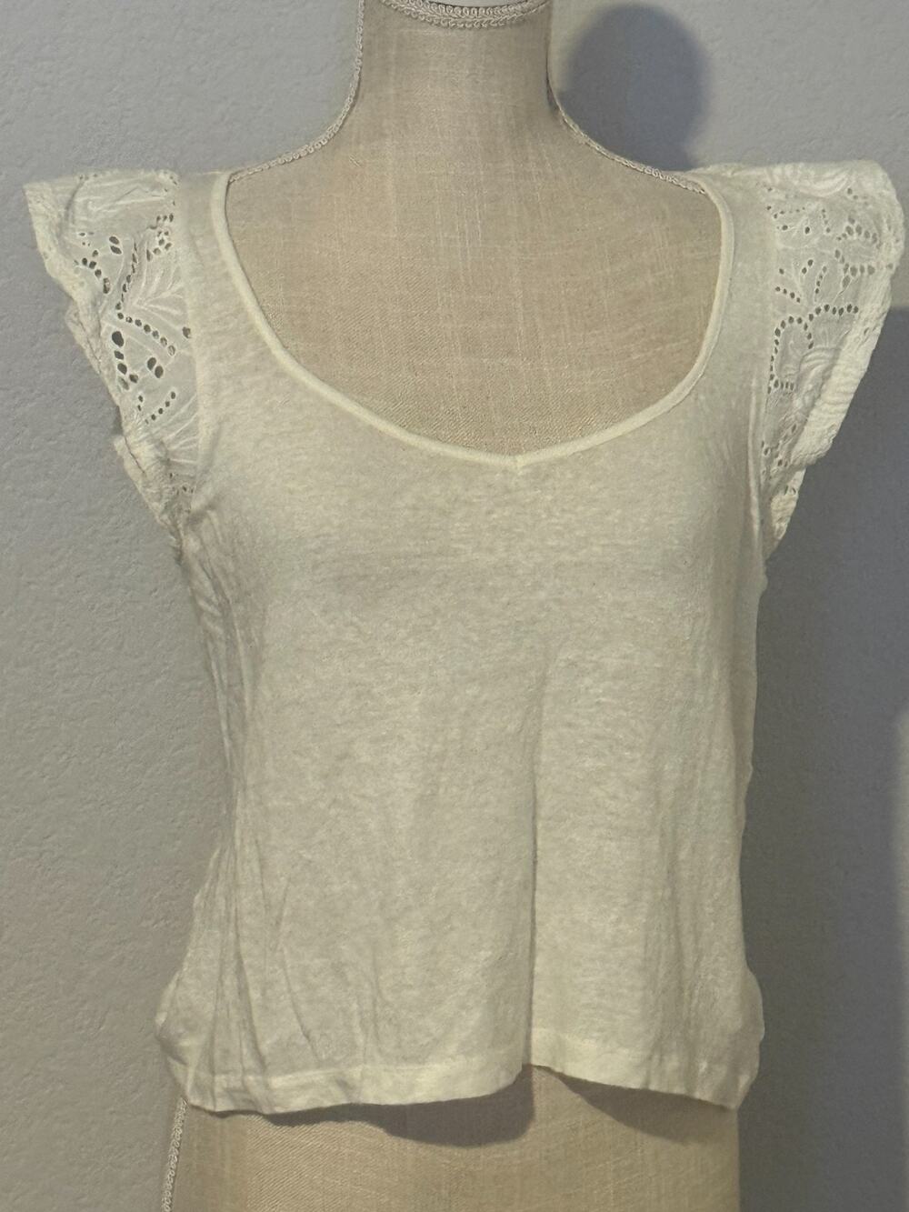 PAIGE Womens White Linen Eyelet Flutter Sleeve Top Blouse Summer Boho Large
